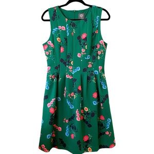 Vince Camuto Kelly Green Floral Sleeveless Pleate Fit Flare Dress Size 12 Pocket